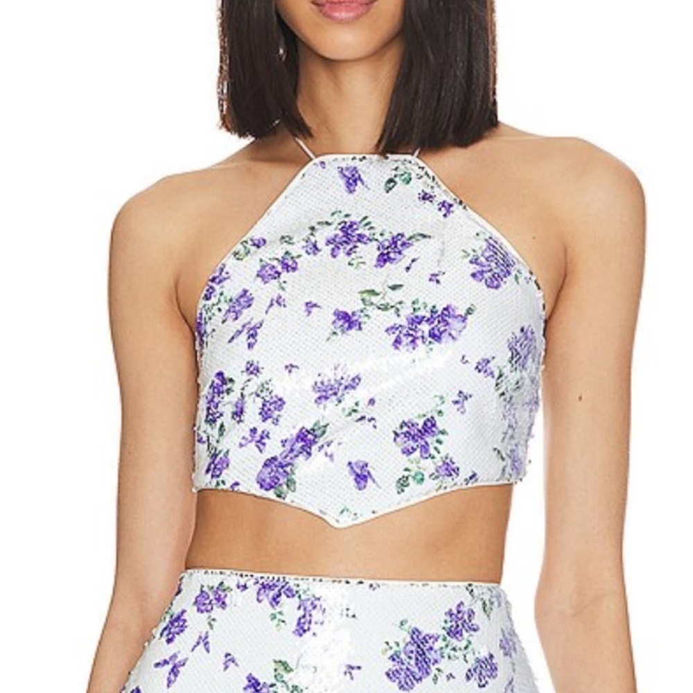 REVOLVE Majorelle Tamara White Sequin Top in Purple Butterfly Large